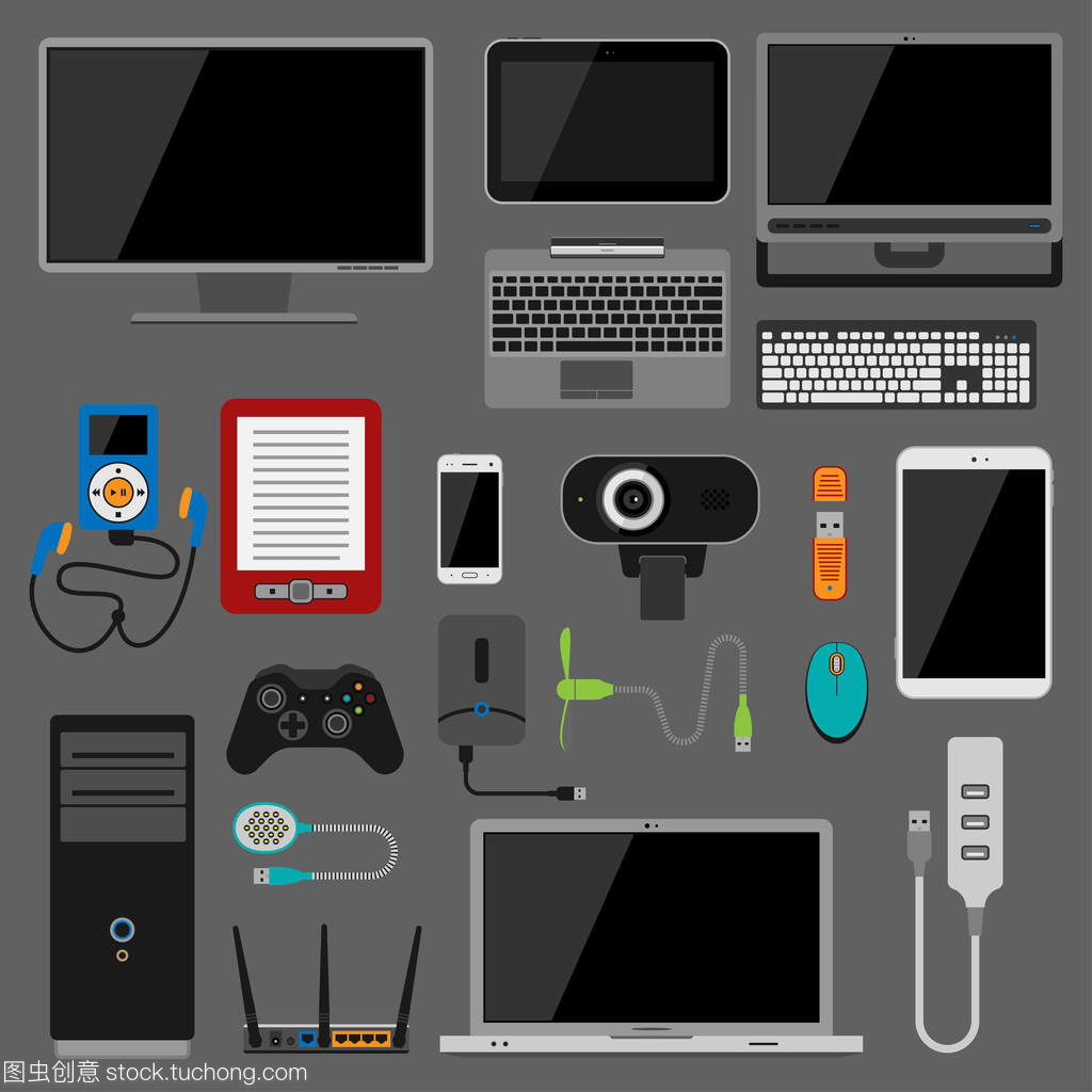 电子小工具图标技术电子多媒体设备日常物品控制和计算机连接数字网络矢量图